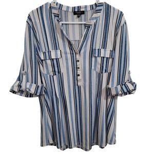 Cocomo Petite Striped V Neck Roll Tab Sleeve Button Up Tunic Top PXL